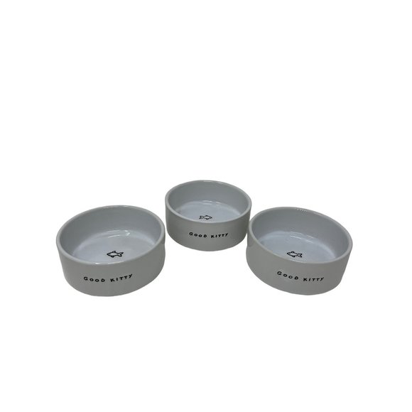 Set of 3 "Good Kitty" Cat Wet Food Ceramic Stoneware Bowls White